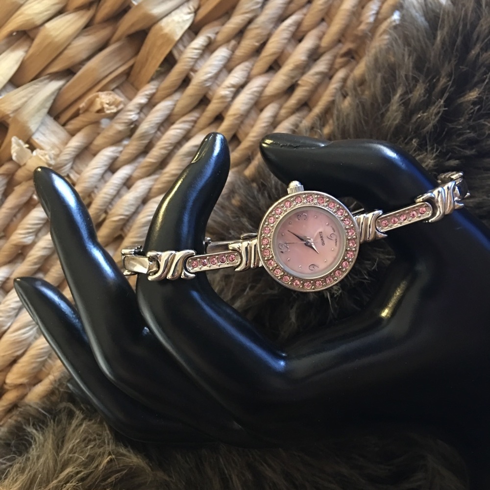 Ladies shiny silver tone pink rhinestone watch